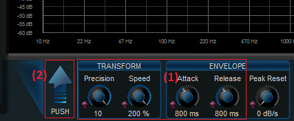 Step 03 - On one of the FreqAnalyst plug-ins, set the precision to its maximum, increase attack and release time, and push the settings to the other instance